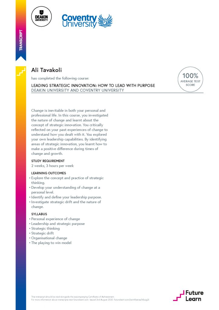 Ali Tavakoli's Certificate of Achievement for Leading Strategic Innovation 2