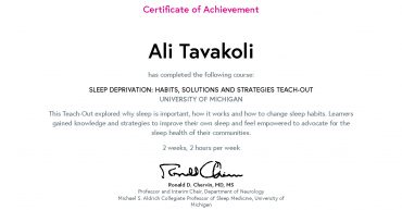 Ali Tavakoli's Certificate of Achievement for Sleep Deprivation Habits, Solutions and Strategies 1