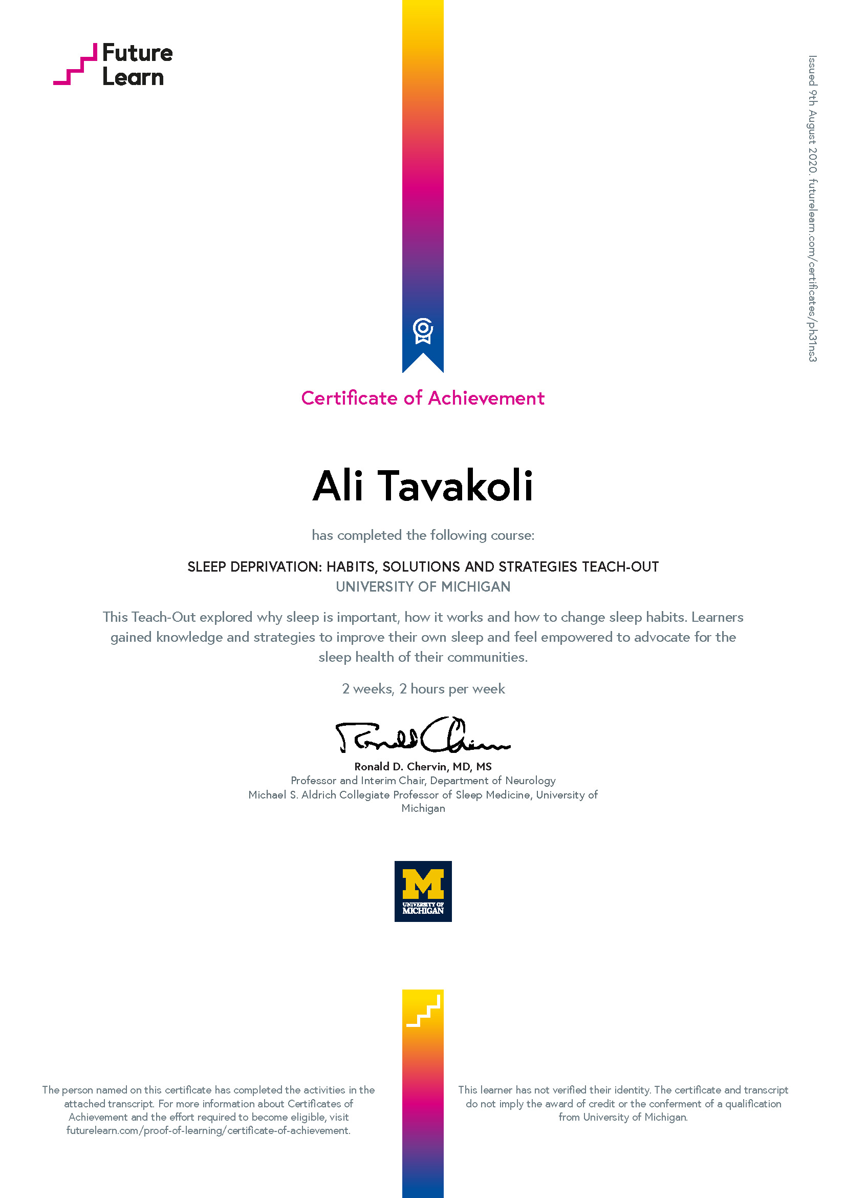 Certificate of Achievement for Sleep Deprivation - Ali Tavakoli