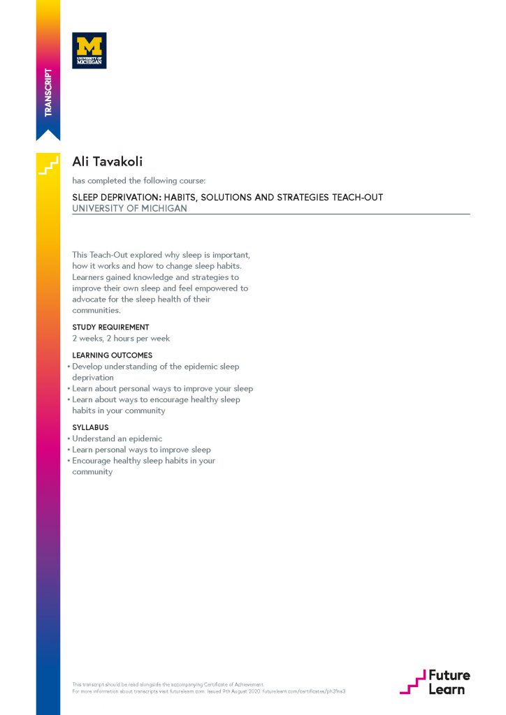Ali Tavakoli's Certificate of Achievement for Sleep Deprivation Habits, Solutions and Strategies 2