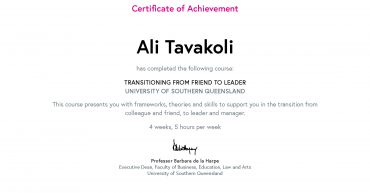 Ali Tavakoli's Certificate of Achievement for Transitioning From Friend To Leader 1