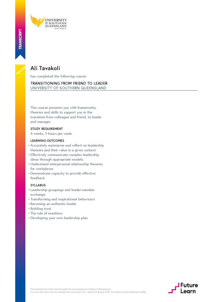 Ali Tavakoli's Certificate of Achievement for Transitioning From Friend To Leader 2