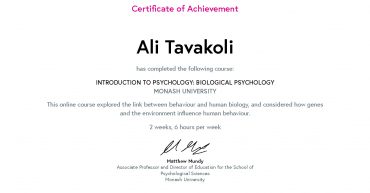 Ali Tavakoli's Certificate of Achievement for Introduction to Psychology Biological Psychology 1