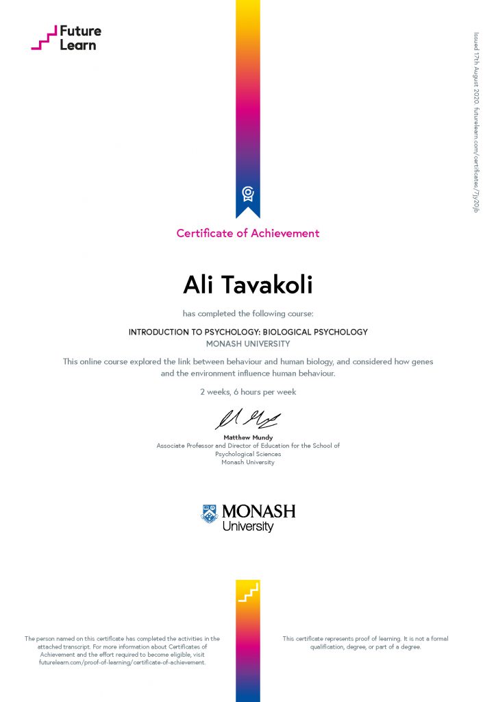 Ali Tavakoli's Certificate of Achievement for Introduction to Psychology Biological Psychology 1