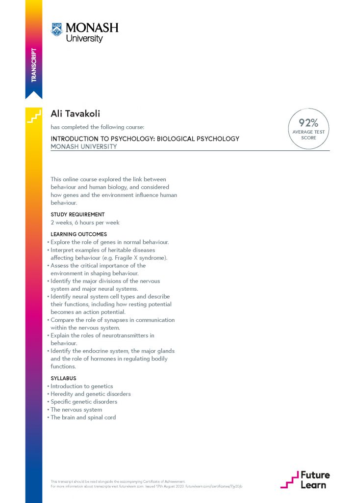 Ali Tavakoli's Certificate of Achievement for Introduction to Psychology Biological Psychology 2