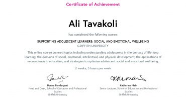 Ali Tavakoli's Certificate of Achievement for Supporting Adolescent Learners Social and Emotional Wellbeing 1