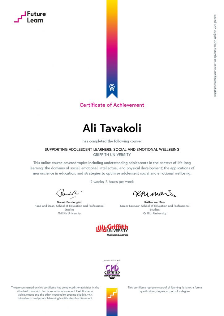 Ali Tavakoli's Certificate of Achievement for Supporting Adolescent Learners Social and Emotional Wellbeing 1