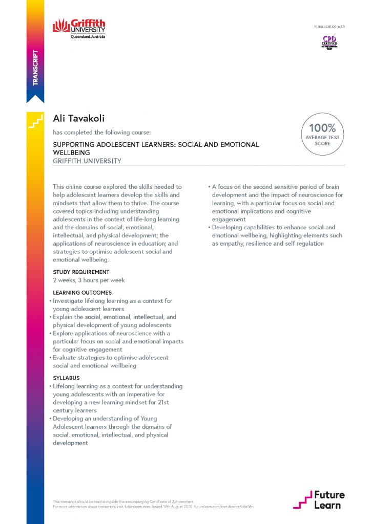 Ali Tavakoli's Certificate of Achievement for Supporting Adolescent Learners Social and Emotional Wellbeing 2