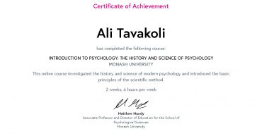 Ali Tavakoli's Certificate of Achievement for Introduction to Psychology 1