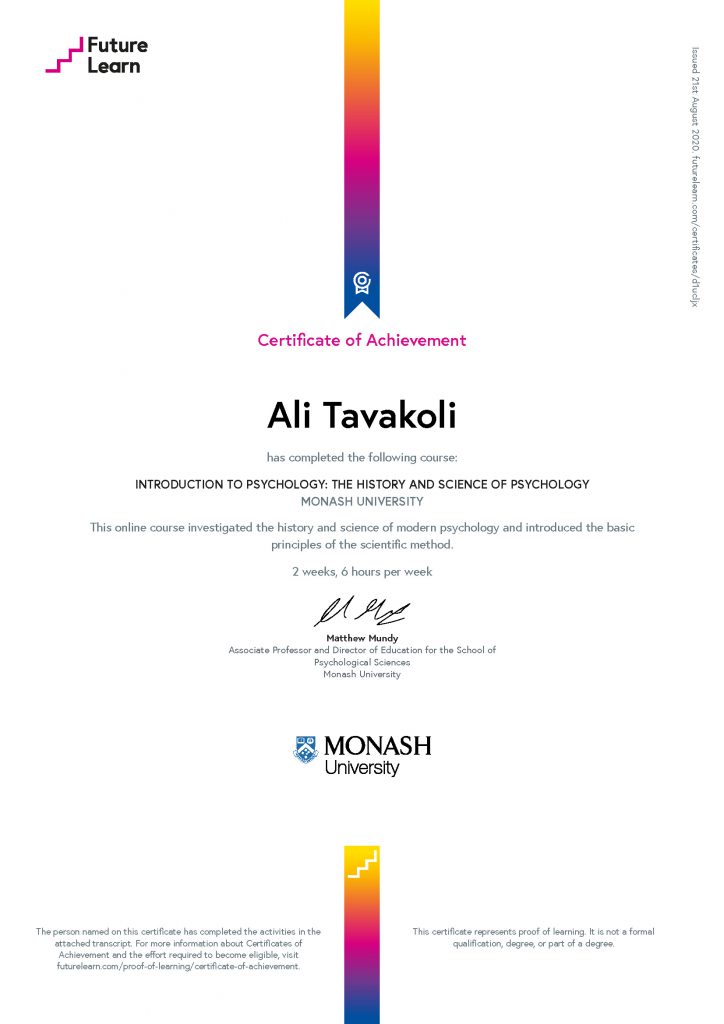 Ali Tavakoli's Certificate of Achievement for Introduction to Psychology 1