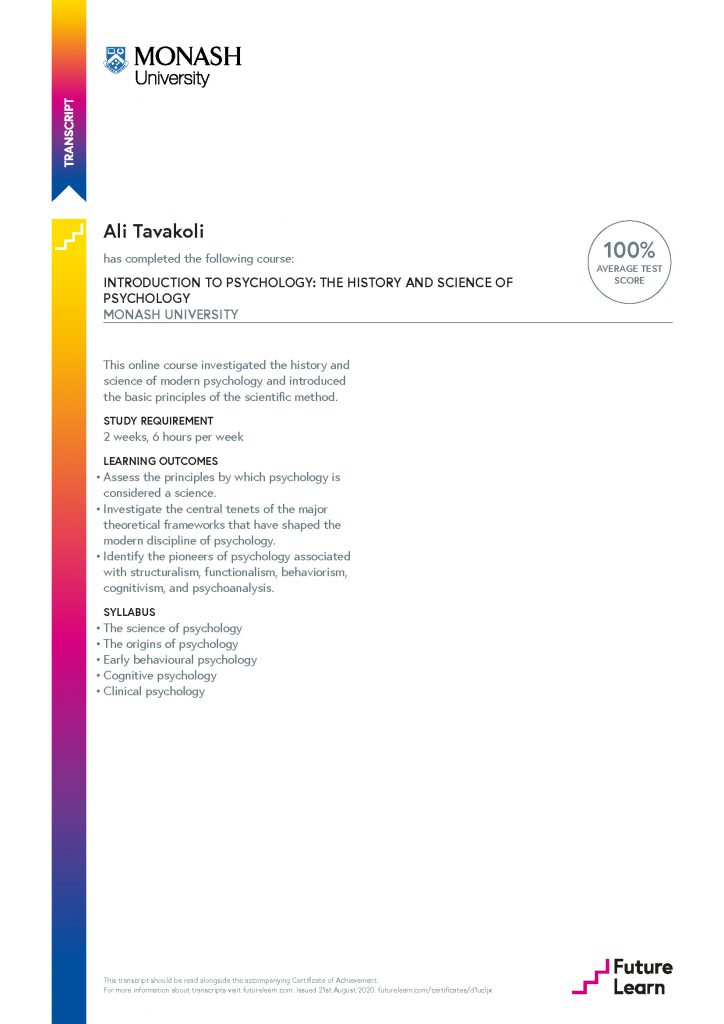 Ali Tavakoli's Certificate of Achievement for Introduction to Psychology 2