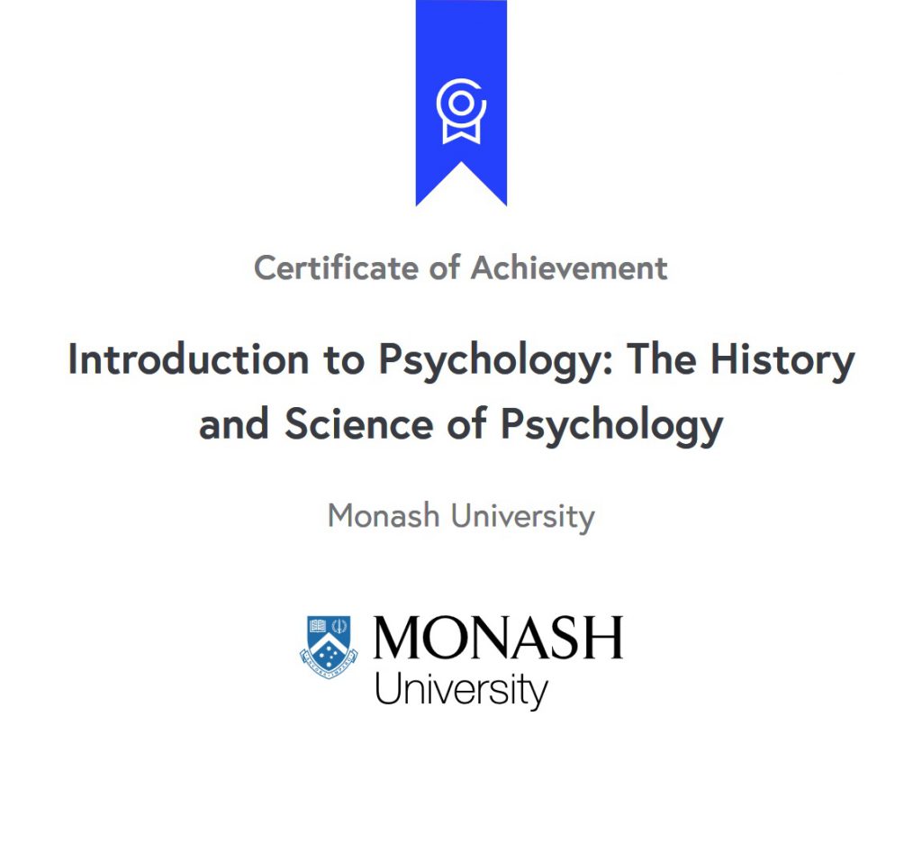 Ali Tavakoli's Certificate of Achievement for Introduction to Psychology 3