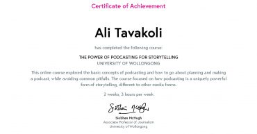 Ali Tavakoli's Certificate of Achievement for The Power of Podcasting for Storytelling 1
