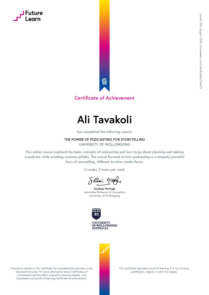 Ali Tavakoli's Certificate of Achievement for The Power of Podcasting for Storytelling 1