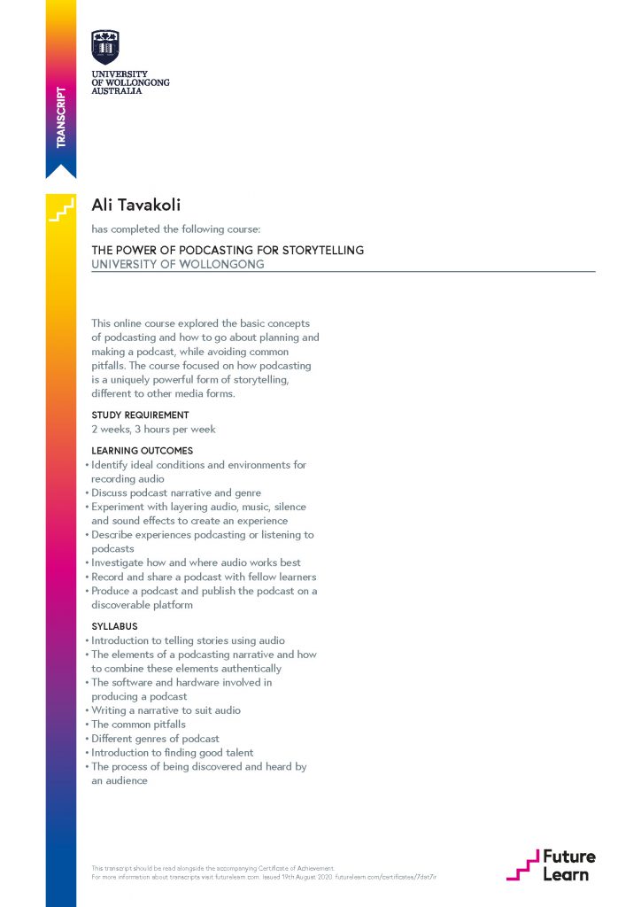 Ali Tavakoli's Certificate of Achievement for The Power of Podcasting for Storytelling 2