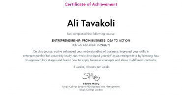 Ali Tavakoli's Certificate of Achievement for Entrepreneurship From Business Idea to Action 1