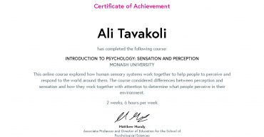 Ali Tavakoli's Certificate of Achievement for Introduction to Psychology Sensation and Perception 1