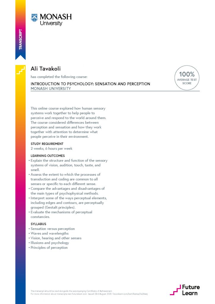 Ali Tavakoli's Certificate of Achievement for Introduction to Psychology Sensation and Perception 2