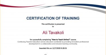 Ali Tavakoli Certification of Training for “How to Teach Online”, Queen's University 1