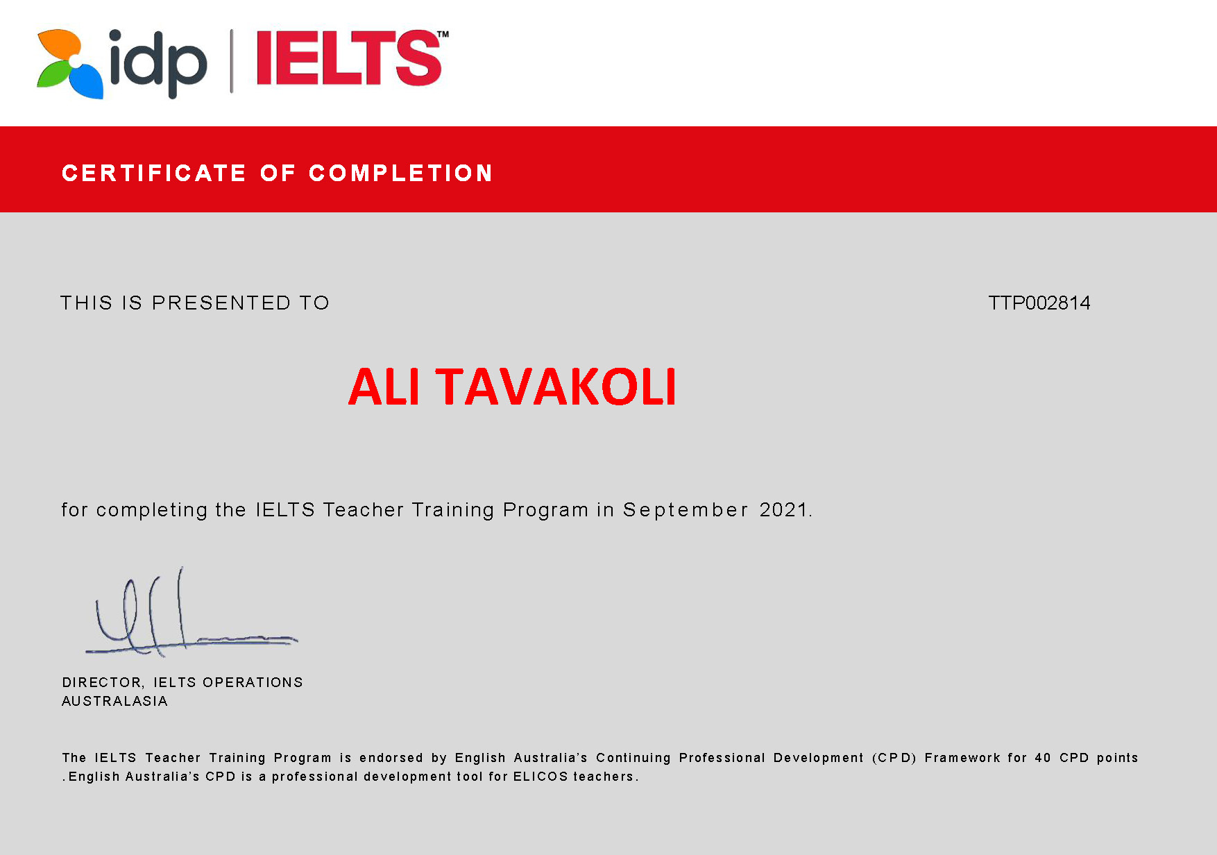 CERTIFICATE OF COMPLETION IELTS Teacher Training Program Ali Tavakoli