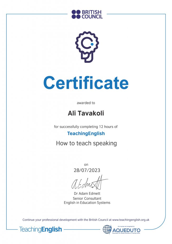 My Certification for “How to teach speaking”