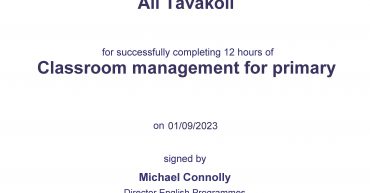 Ali Tavakoli’s certification for “Classroom management for primary”, British Council 1