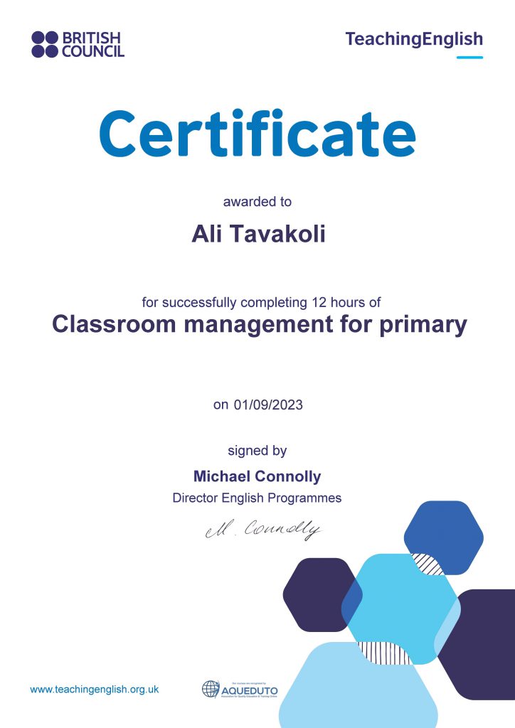 Ali Tavakoli’s certification for “Classroom management for primary”, British Council 