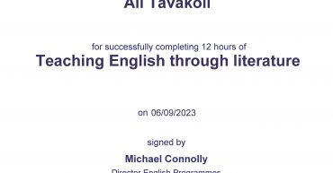 Ali Tavakoli’s certification for “Teaching English through literature”, British Council 1