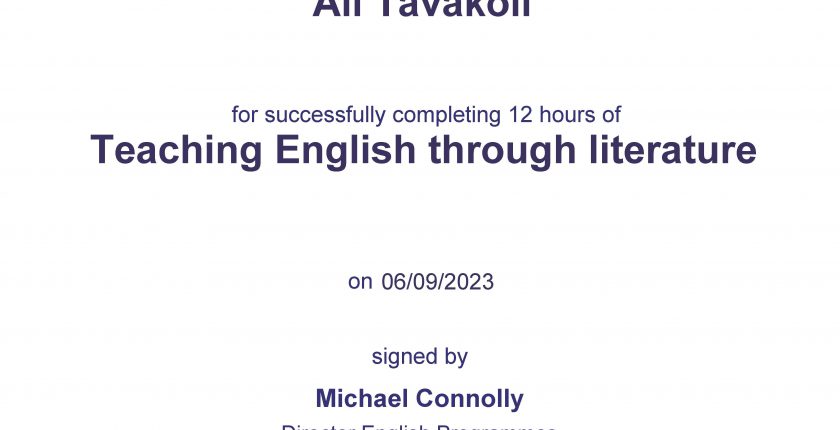 Ali Tavakoli’s certification for “Teaching English through literature”, British Council 1