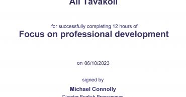 Ali Tavakoli certification for “Focus on professional development”, British Council 1