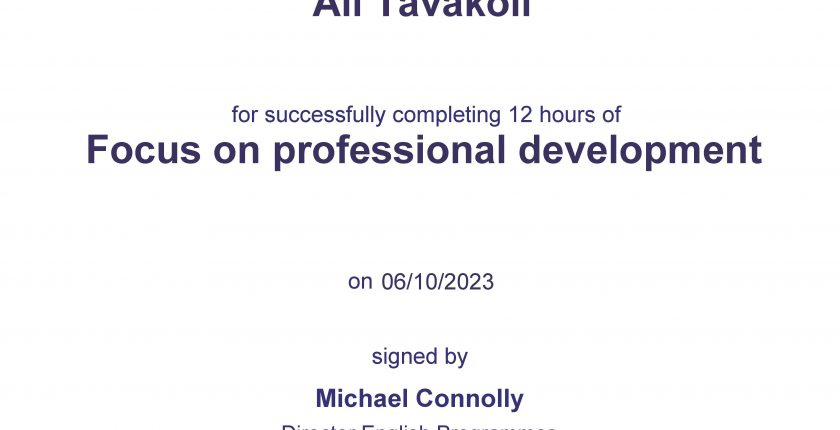 Ali Tavakoli certification for “Focus on professional development”, British Council 1