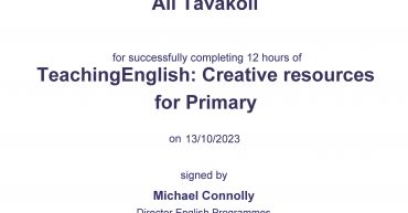 Ali Tavakoli certification for “Teaching English: Creative resources for primary”, British Council 1