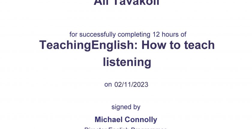Ali Tavakoli certification for “How to teach listening”, British Council
