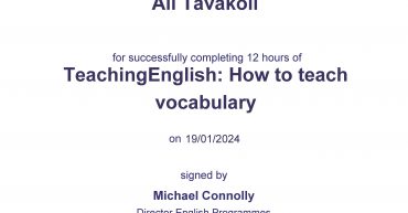 Ali Tavakoli certification for “How to teach vocabulary”, British Council