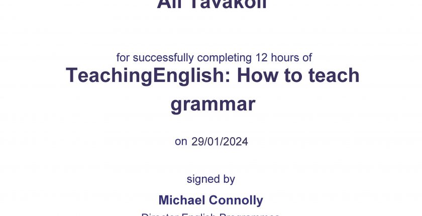 Ali Tavakoli certification for “How to teach Grammar”, British Council
