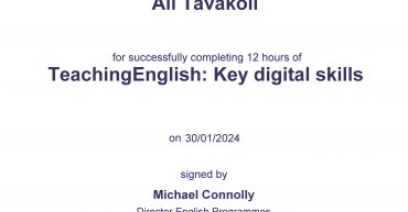 Ali Tavakoli certification for “Teaching English: Key digital skills”, British Council