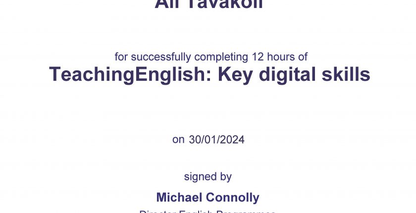 Ali Tavakoli certification for “Teaching English: Key digital skills”, British Council