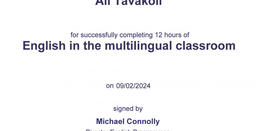 Ali Tavakoli certification for “English in the multilingual classroom”, British Council