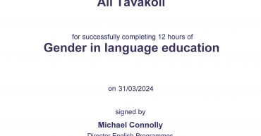 Ali Tavakoli certification for “Gender in language education”, British Council