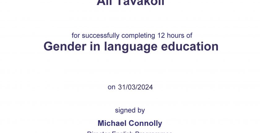 Ali Tavakoli certification for “Gender in language education”, British Council