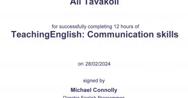 Ali Tavakoli certification for “Teaching English Communication skills”, British Council